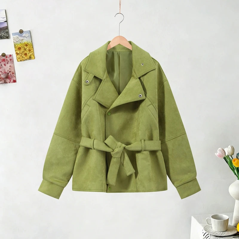 Women's Green Cropped Trench Coat – Stand Collar, Belted