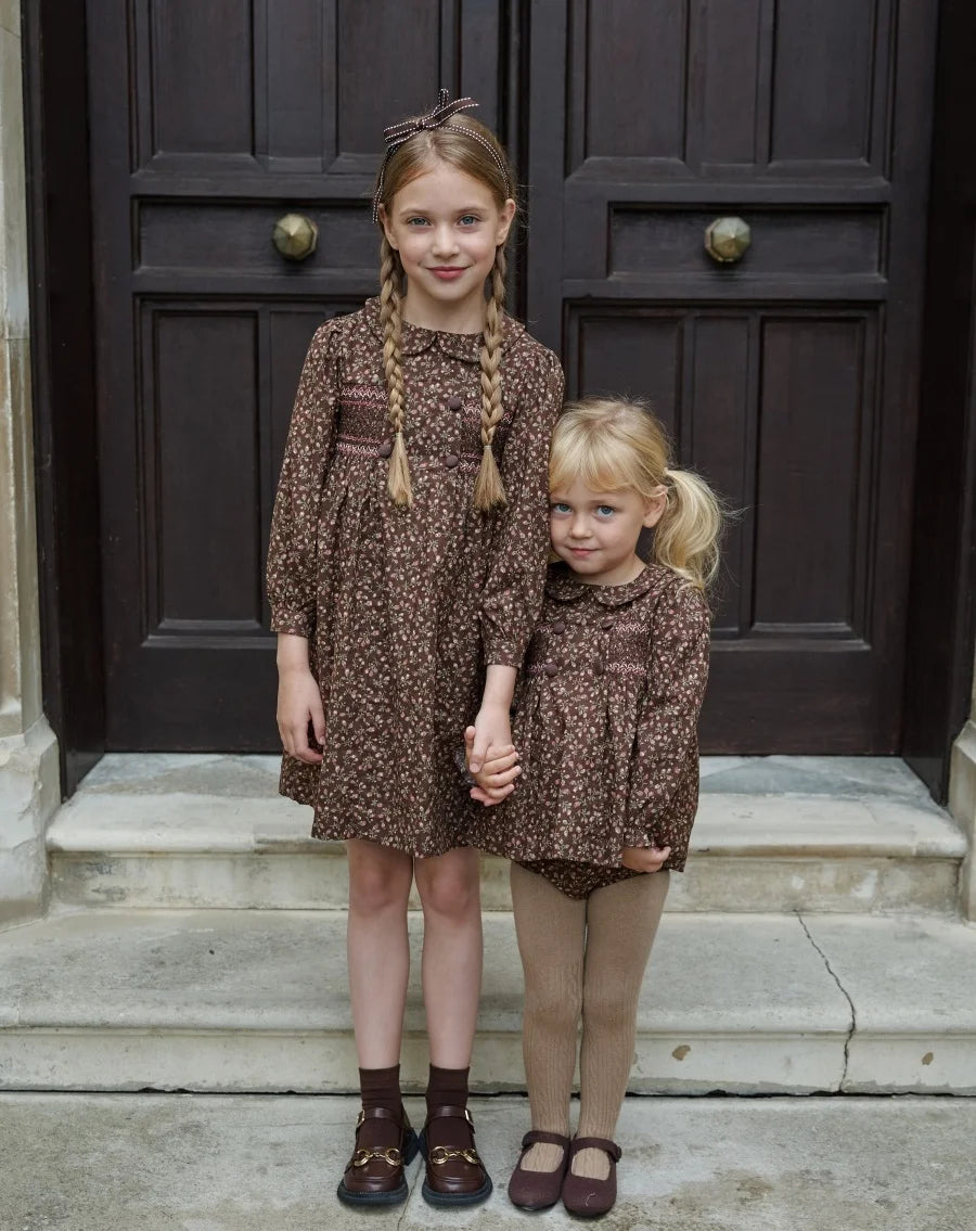 Girls' Brown Floral Smocked Dress – Cotton