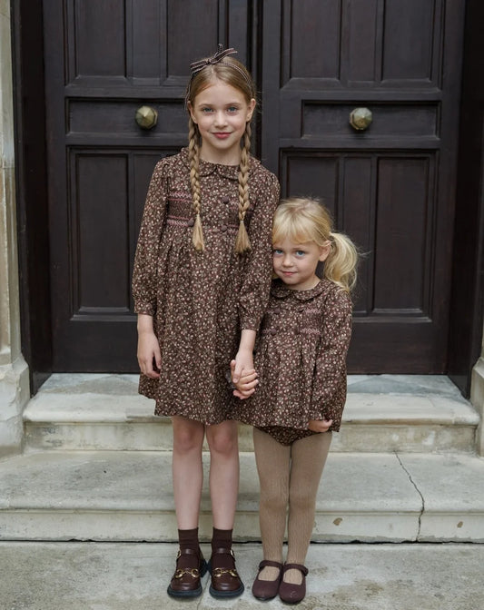 Girls' Brown Floral Smocked Dress – Cotton