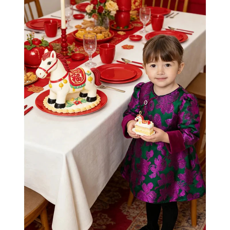 Girls' Embroidered Tang Suit Princess Dress – Velvet Sleeves