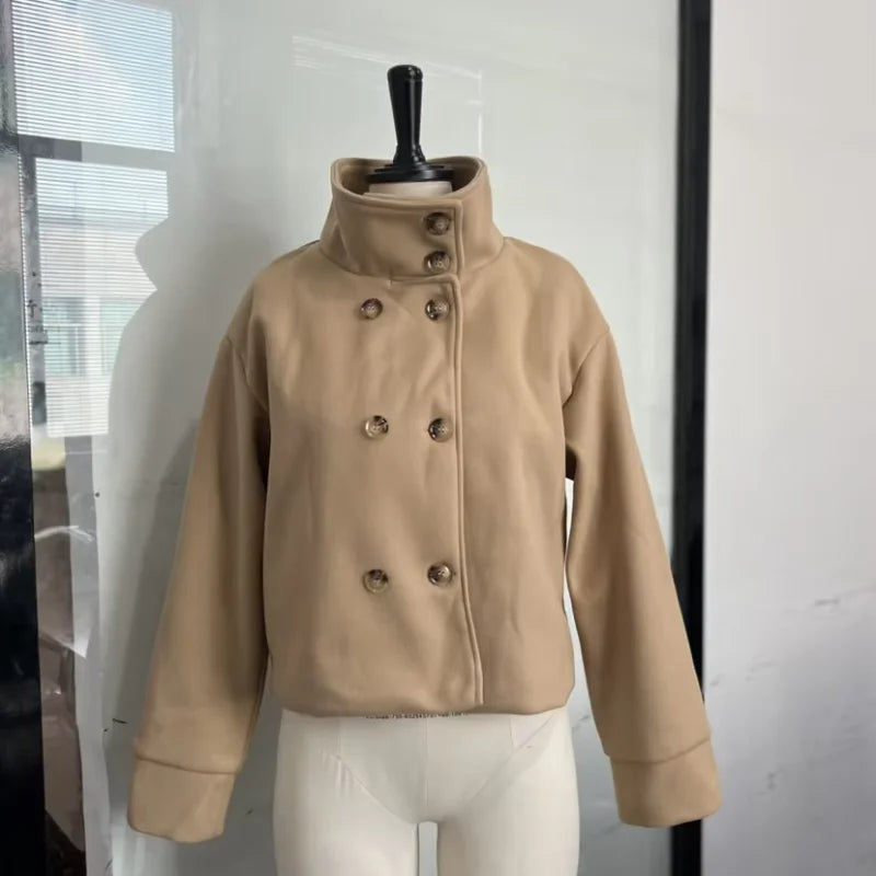Women's Short Coat – Stand Collar, Full Sleeve, Zipper