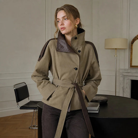 Women's Cropped Trench Coat – Faux Leather, Belted Waist