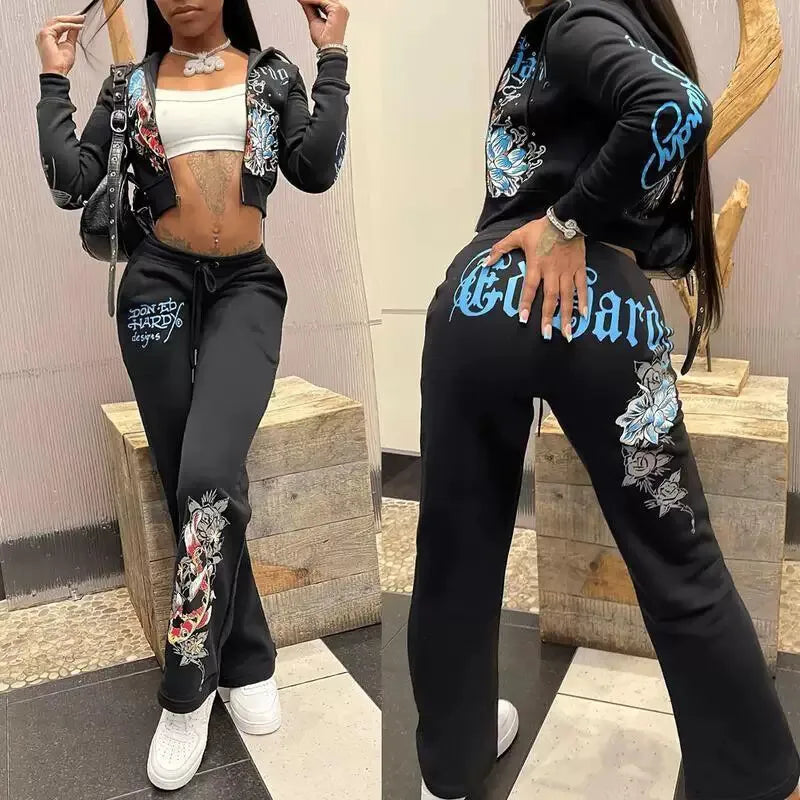 Ensemble deux pièces pour femme, sweat à capuche imprimé lettres et pantalon de jogging, tenue de sport décontractée, tissu doux et confortable, collection hiver, tendance.