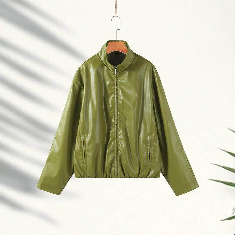 Women's Green Cropped Trench Coat – Stand Collar, Belted