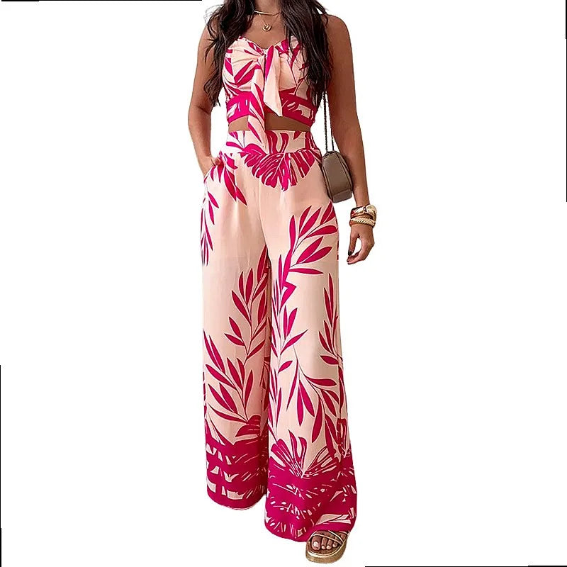 Completo estivo da donna: canotta stampata sexy e pantaloni a gamba larga, coordinato primavera-estate