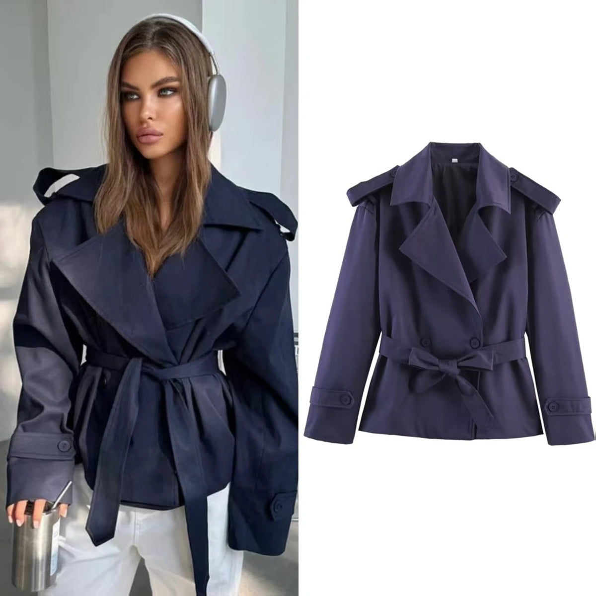Women's Belted Short Trench Coat – Long Sleeve