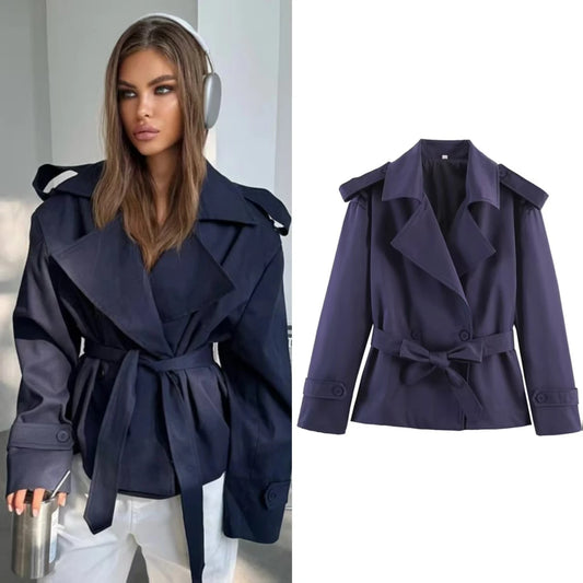 Women's Belted Short Trench Coat – Long Sleeve