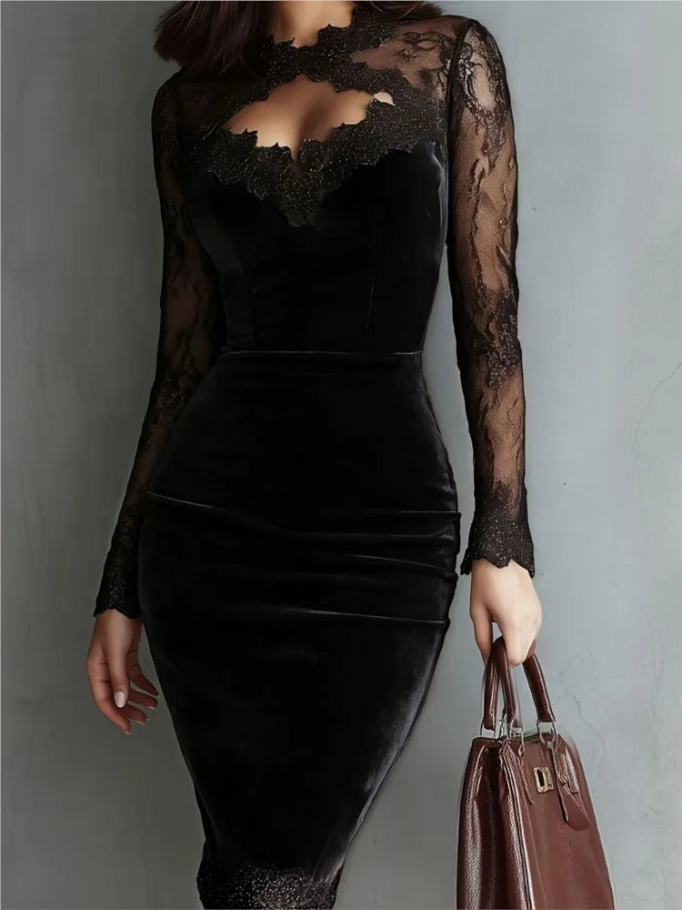 Abito midi in velluto da donna, elegante vestito a tubino con maniche lunghe in pizzo, traforato, ideale per feste, serate e occasioni formali, novità autunno-inverno