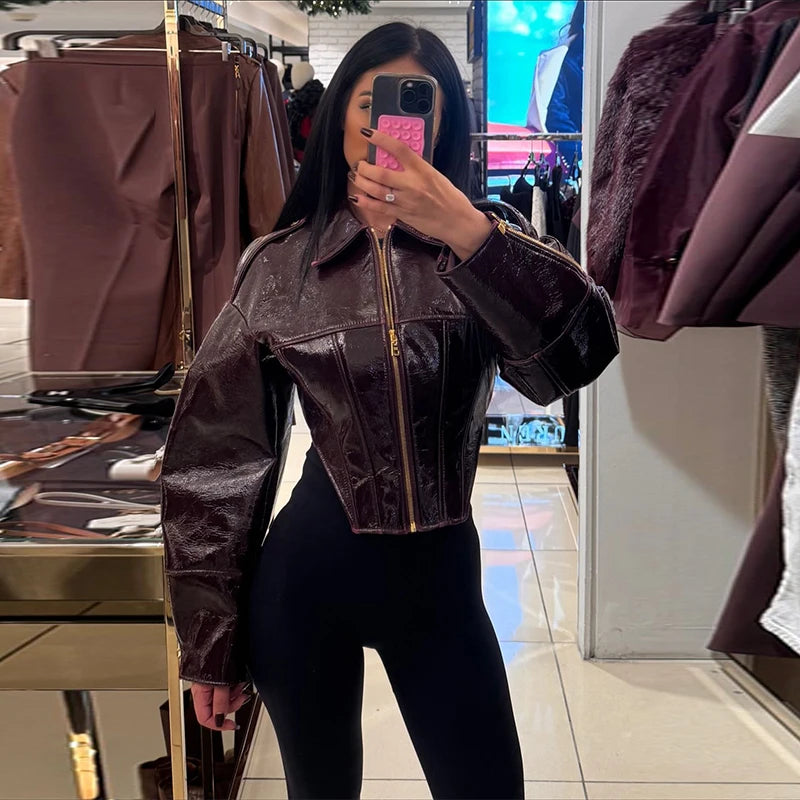 Women's Faux Leather Cropped Jacket – Lapel, Zipper