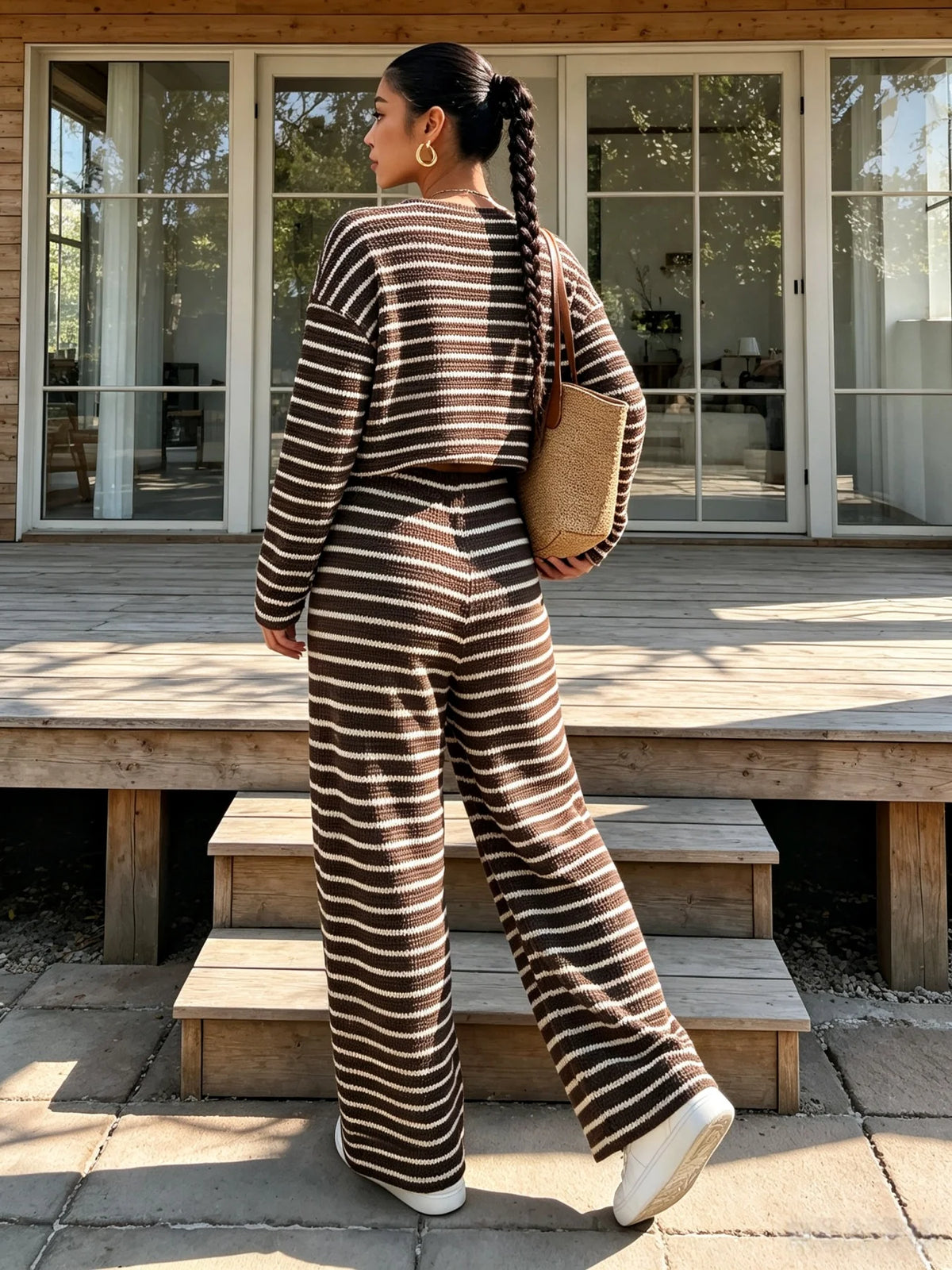 Damen Herbst Winter Braun Weiß Gestreiftes Strick-Oberteil & Weite Hose 2-teiliger Freizeit-Trainingsanzug Loungewear