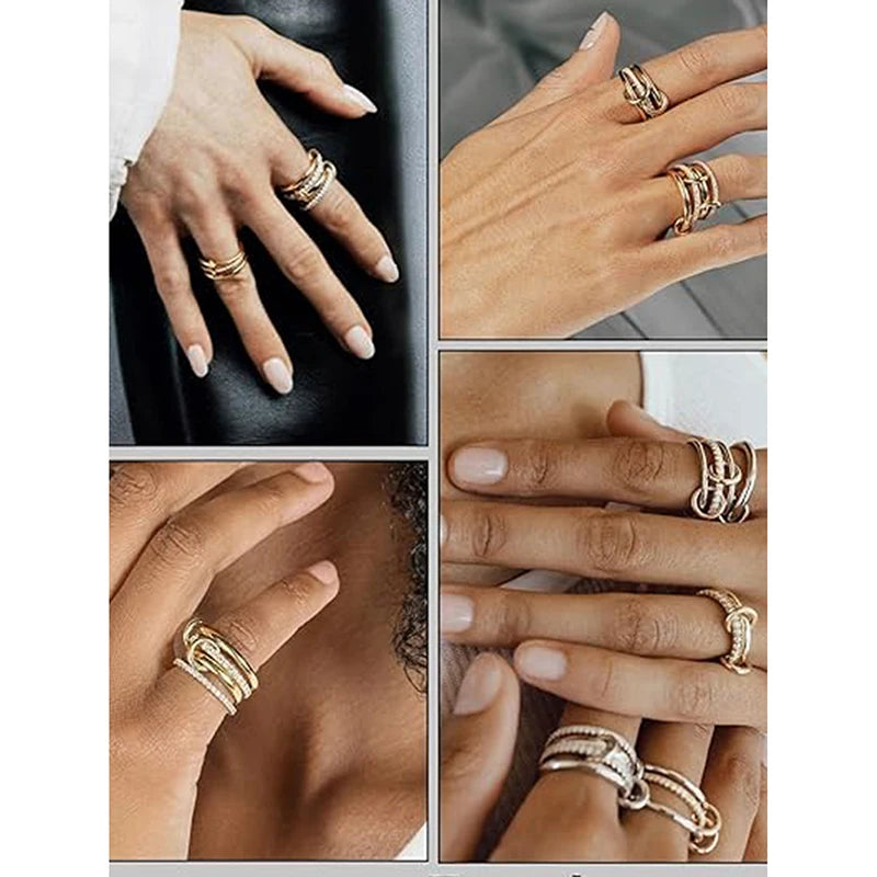 Anelli alla moda in oro e argento, placcati in oro 18k, set da 4 pezzi impilabili con zirconi scintillanti, ideali come gioielli da festa per donna