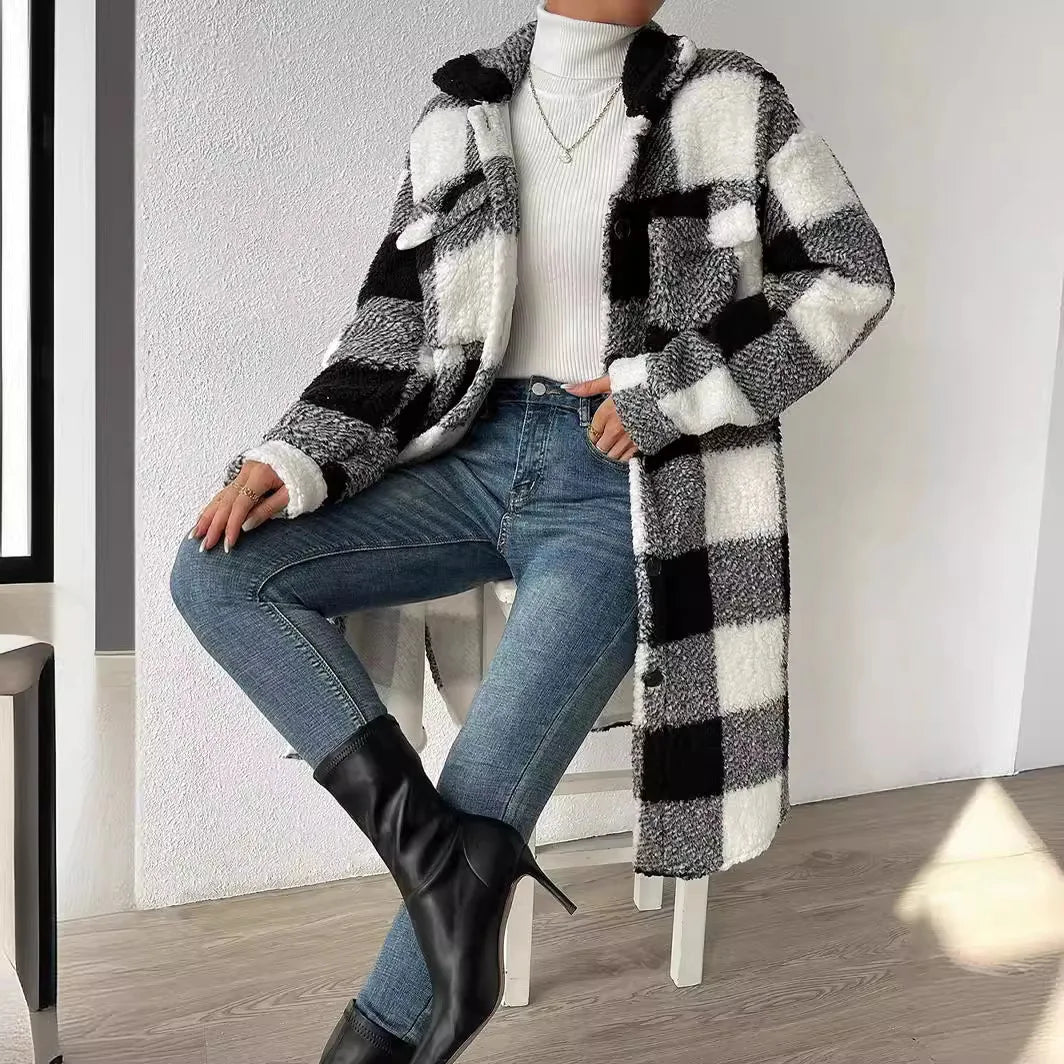 Women's Plaid Fleece Coat – Turn-Down Collar, Button Front