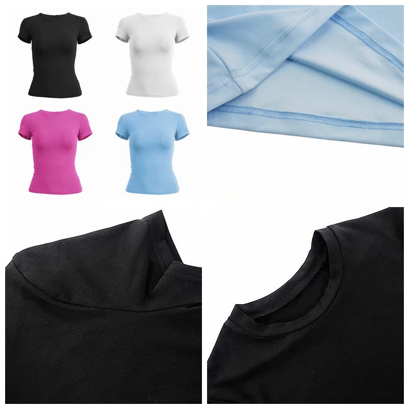 Vêtements féminins, t-shirt à manches courtes, hauts moulants, femme, col rond, t-shirt gainant en tricot, tenue de ville sexy et sportive, 2024 Y2K New2410