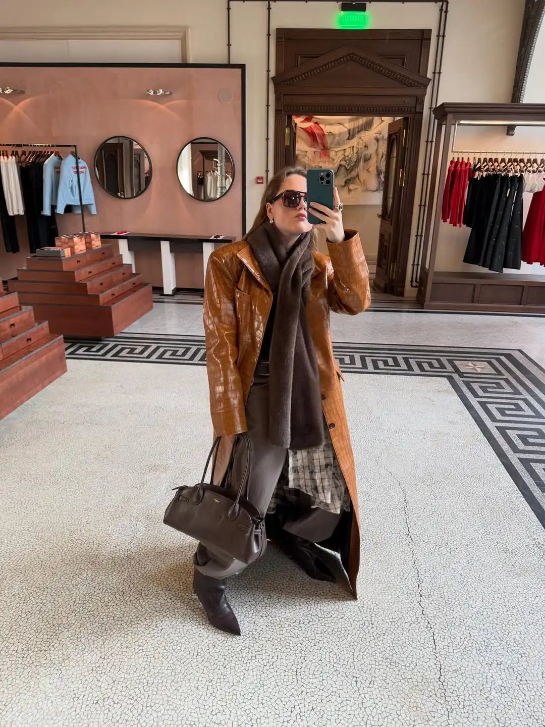 Women's Brown Croc-Embossed Faux Leather Trench Coat