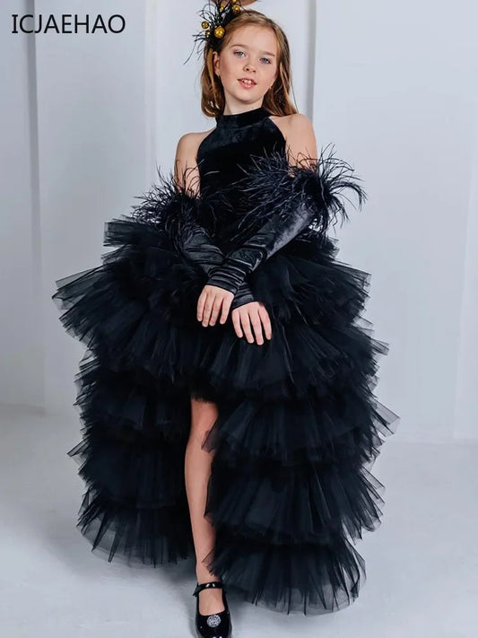 Girls' Black Halter Tulle Princess Dress – Multi-Layered