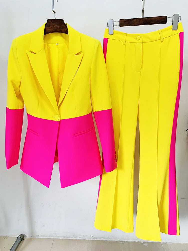 Women's Color Block Blazer and Flare Pant Suit Set