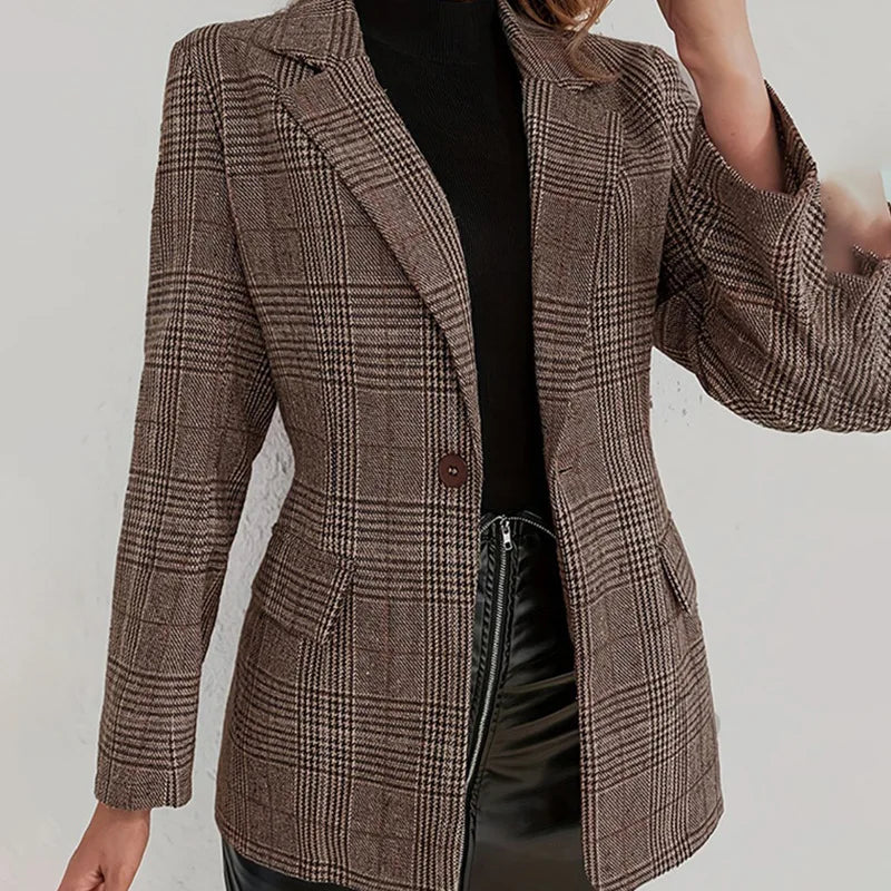 Veste blazer vintage à carreaux, boutonnée, col à revers, manches longues, poches, coupe ajustée, style bureau, tenue de travail, chaude, manteau quotidien.