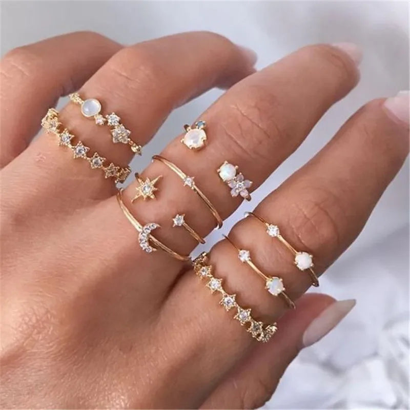 Silver Crystal Rings Set