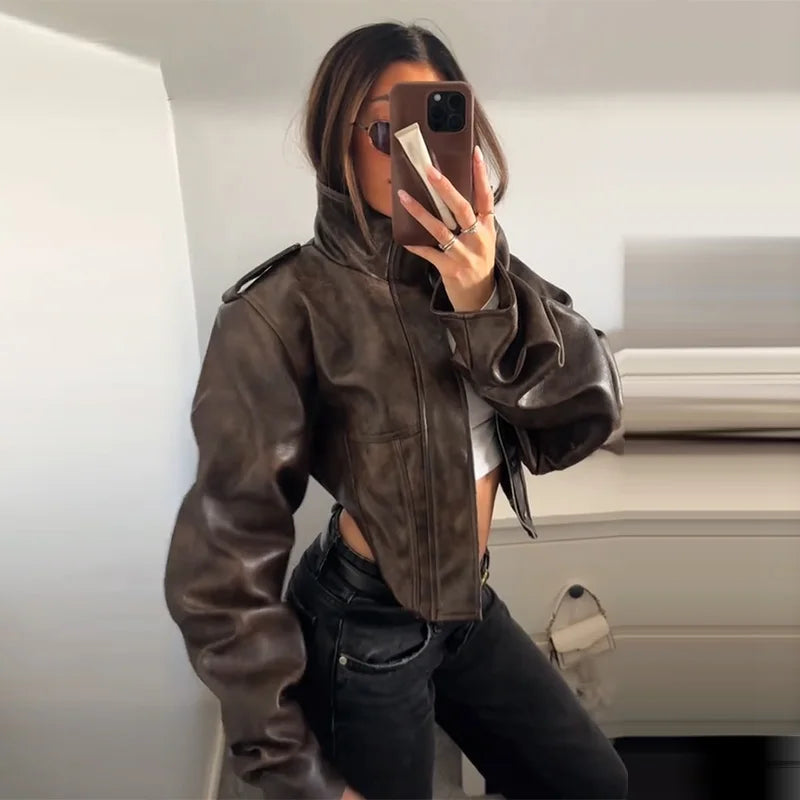Women's Faux Leather Cropped Jacket – Lapel, Zipper
