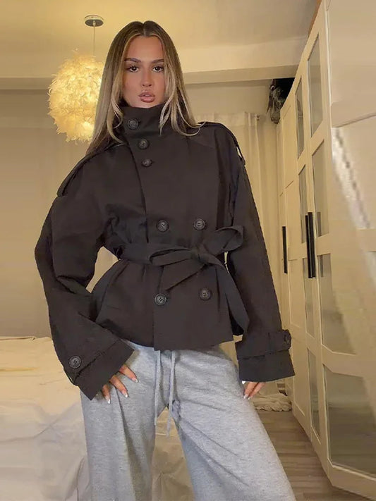 Women's Lace-Up Trench Coat – Stand Collar, Double-Breasted