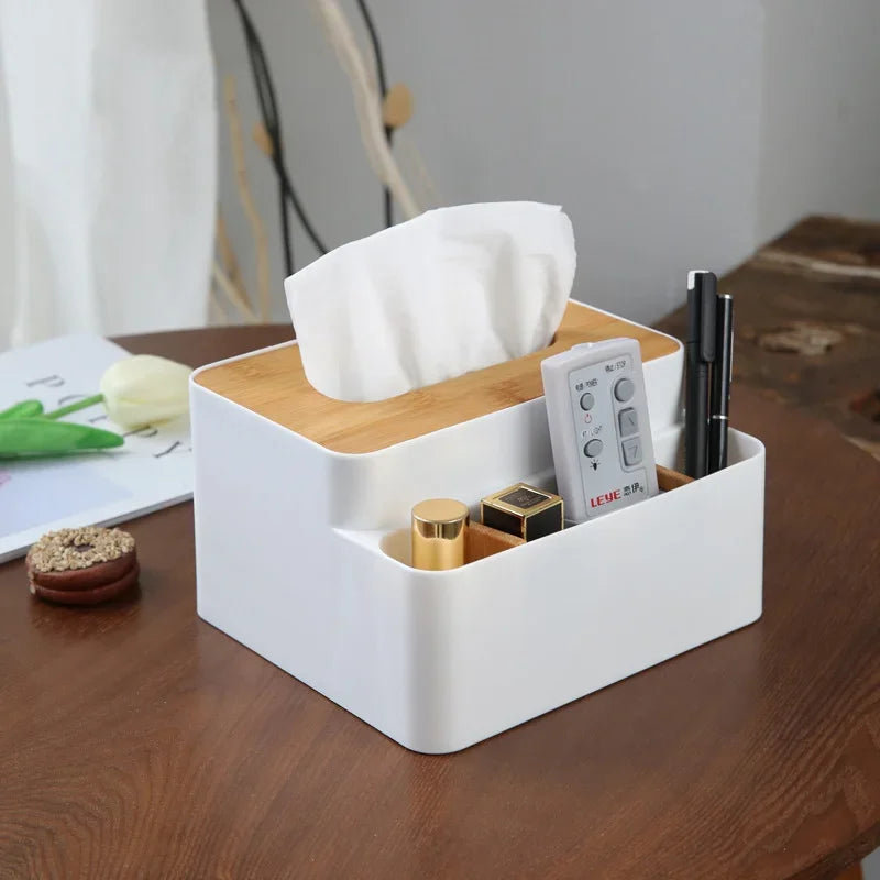 Multi-Compartment Desktop Storage Box with Tissue Dispenser