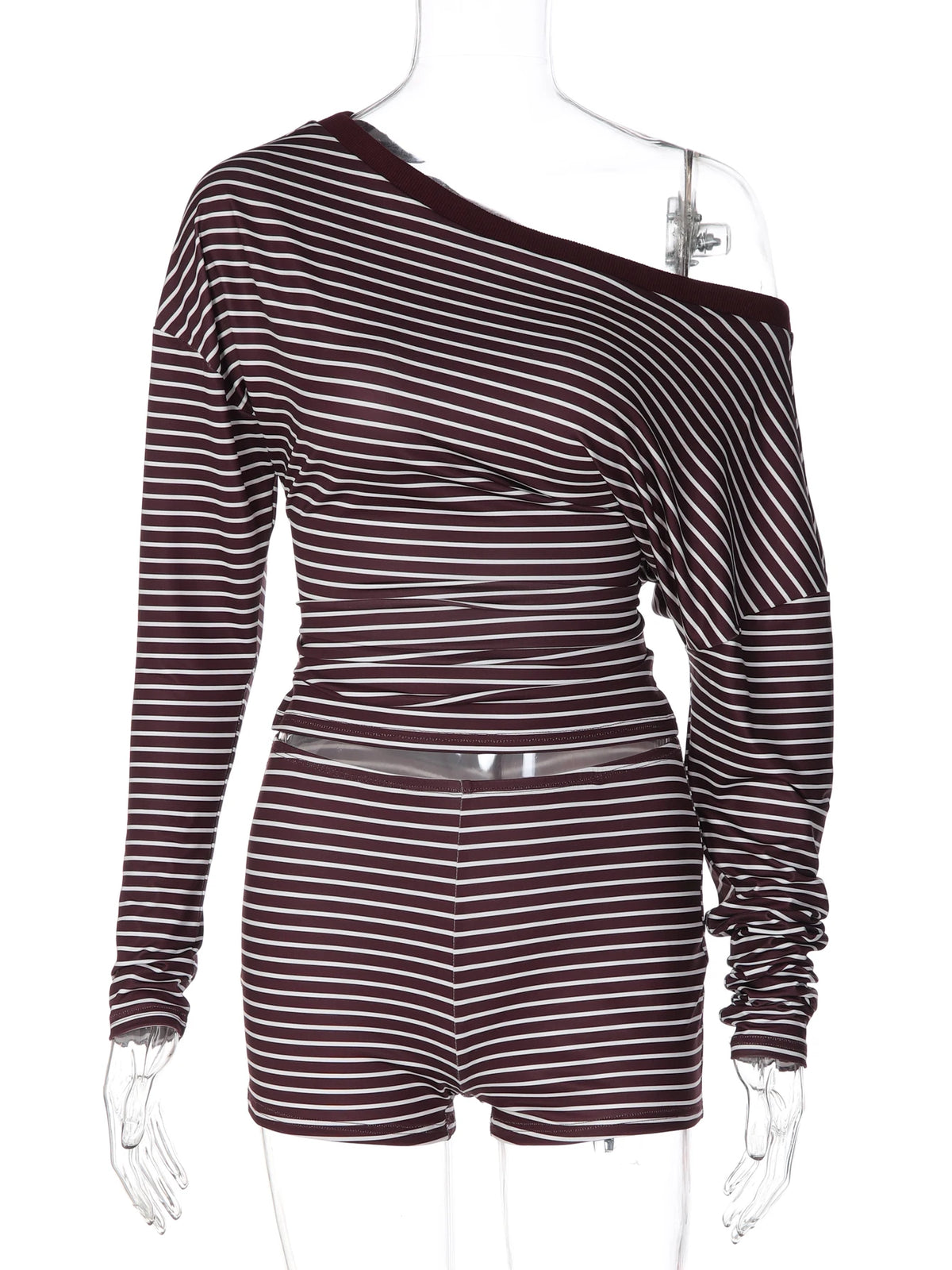 Dulzura Women'S Striped Vintage Casual 2 Piece Shorts Set Skew Collar Long Sleeve T-Shirt Bodycon Shorts Matching Set Party Club