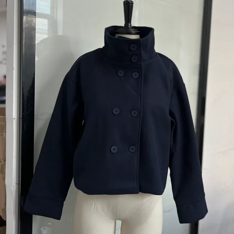 Women's Short Coat – Stand Collar, Full Sleeve, Zipper