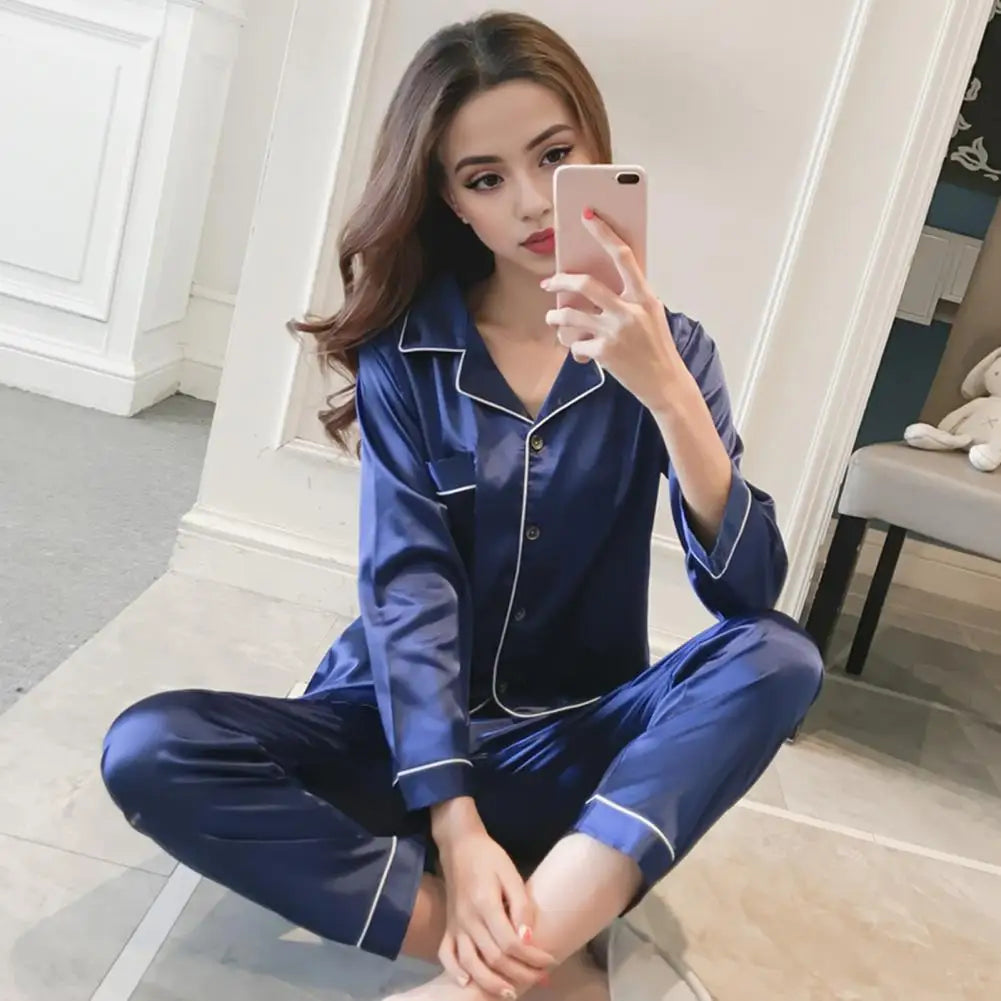 Ensemble de pyjama pour femme, haut à manches longues et pantalon à taille élastique, tenue d'intérieur, pyjama en imitation soie doux pour la peau