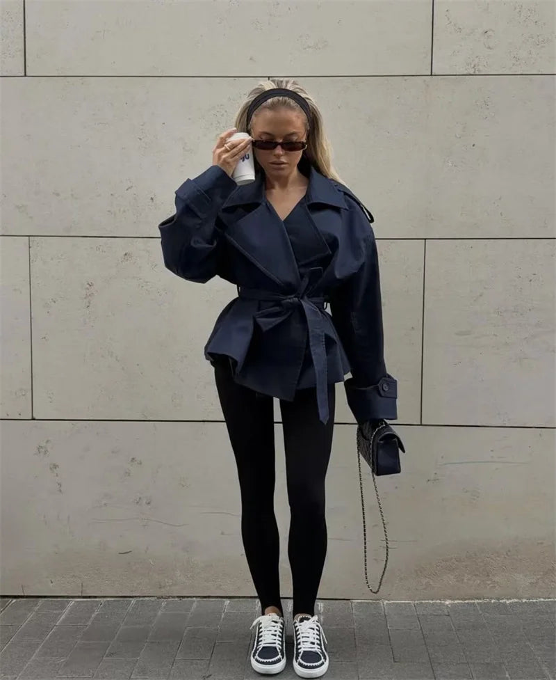 Women's Belted Short Trench Coat – Long Sleeve