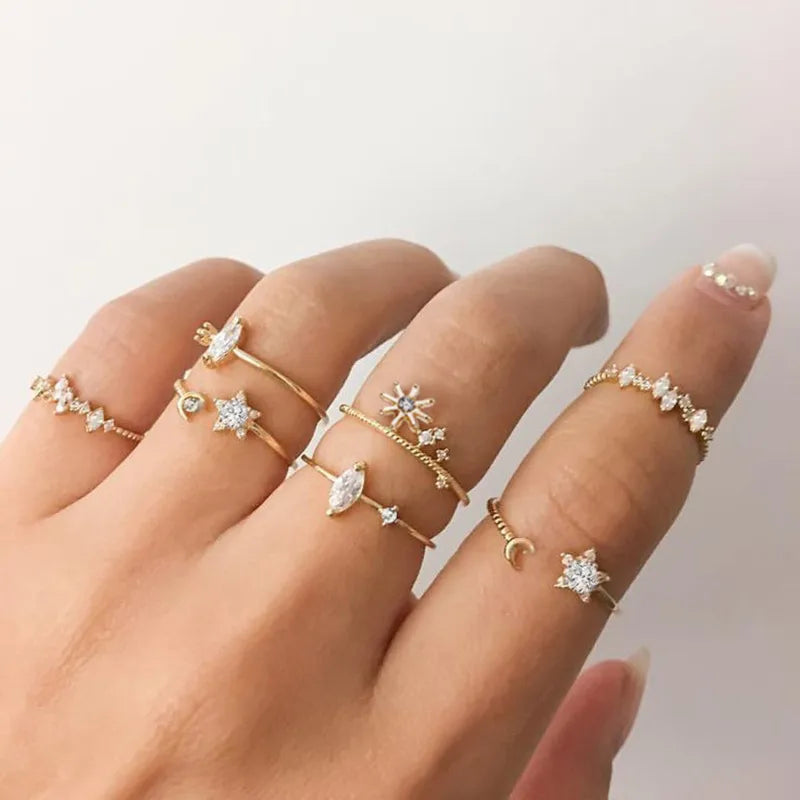 Silver Crystal Rings Set