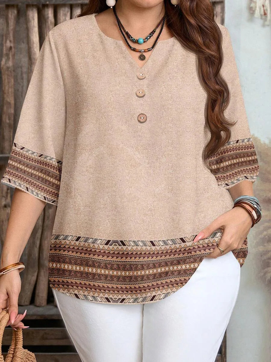 Women's Plus Size Retro Print Shirt – Short Sleeve, Button