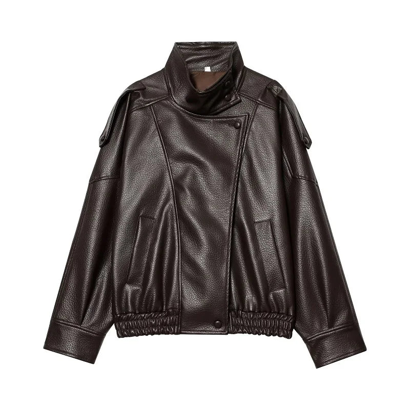 Women's Faux Leather Bomber Jacket – Zipper, Turn-Down Collar