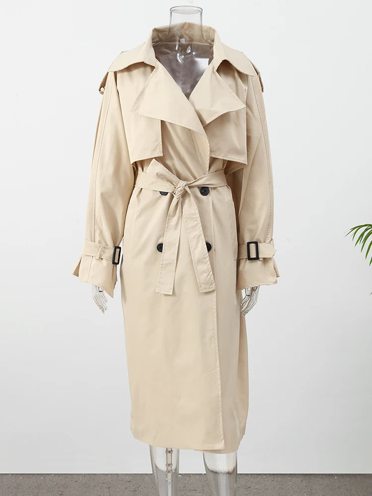 Women's Black Long Trench Coat – Stand Collar, Single-Breasted