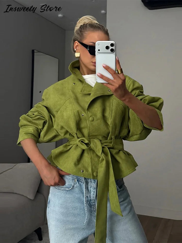 Women's Green Cropped Trench Coat – Stand Collar, Belted