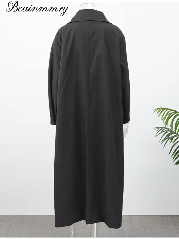 Women's Black Long Trench Coat – Stand Collar, Single-Breasted