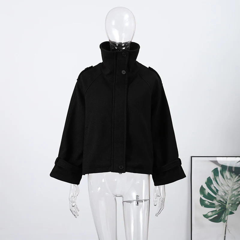 Women's Short Coat – Stand Collar, Full Sleeve, Zipper