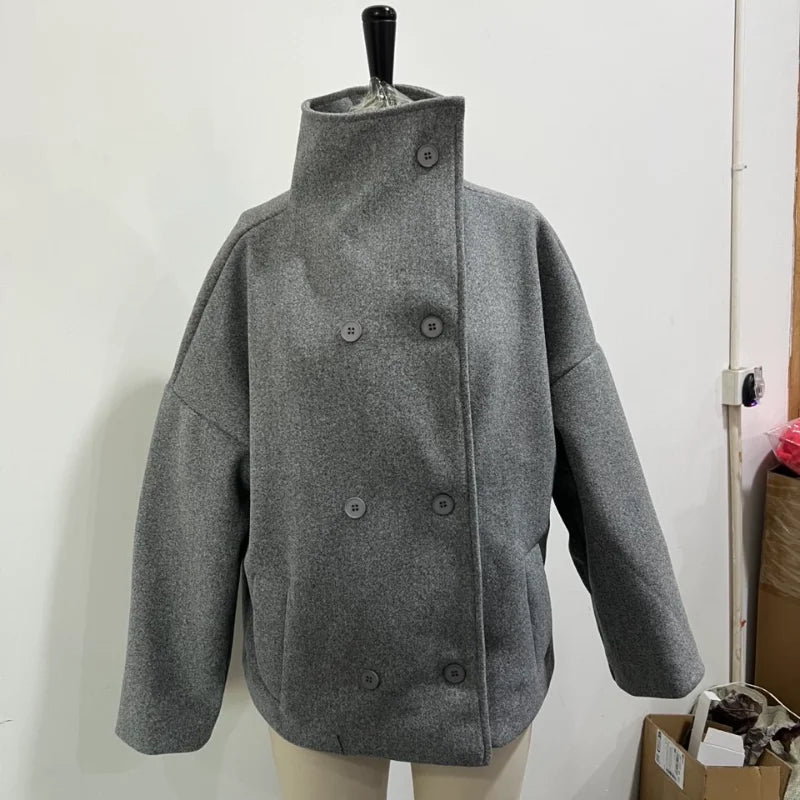 Women's Short Coat – Stand Collar, Full Sleeve, Zipper