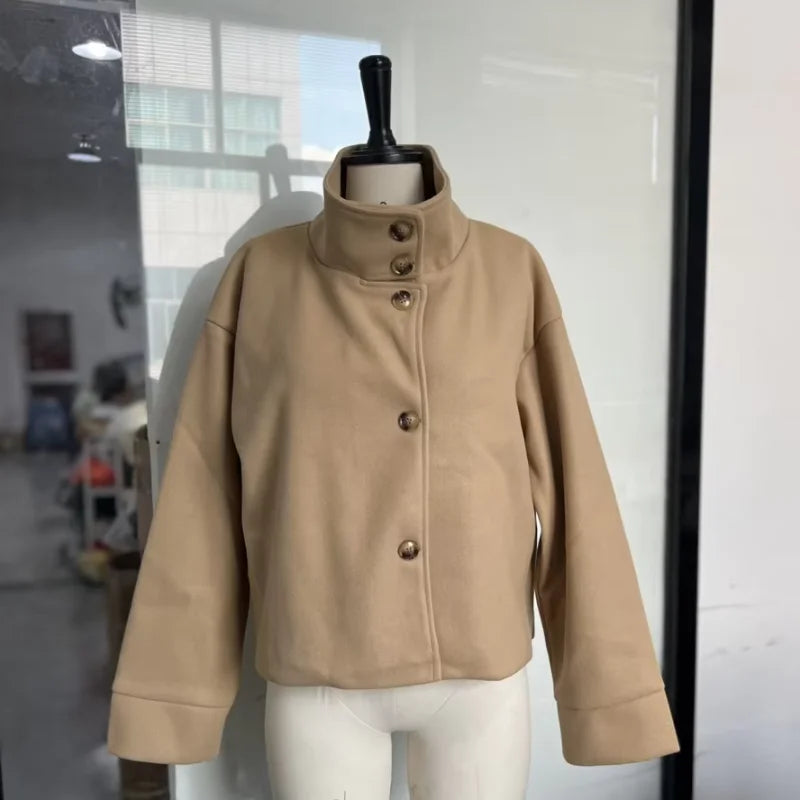 Women's Short Coat – Stand Collar, Full Sleeve, Zipper