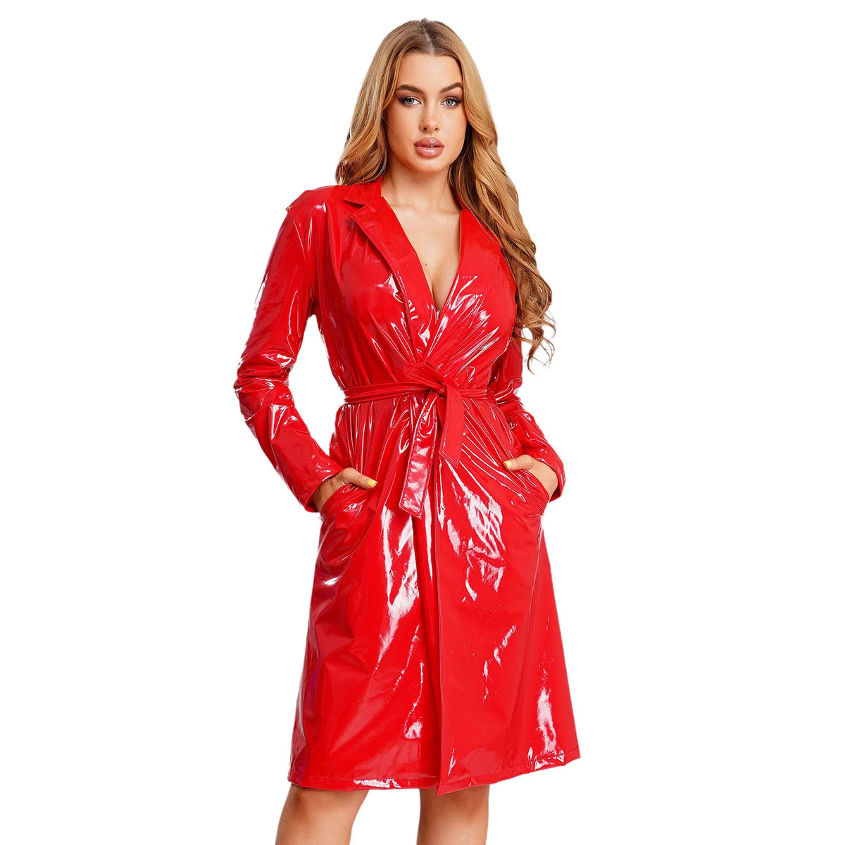 Women's PU Leather Trench Coat – Open Front, Lapel