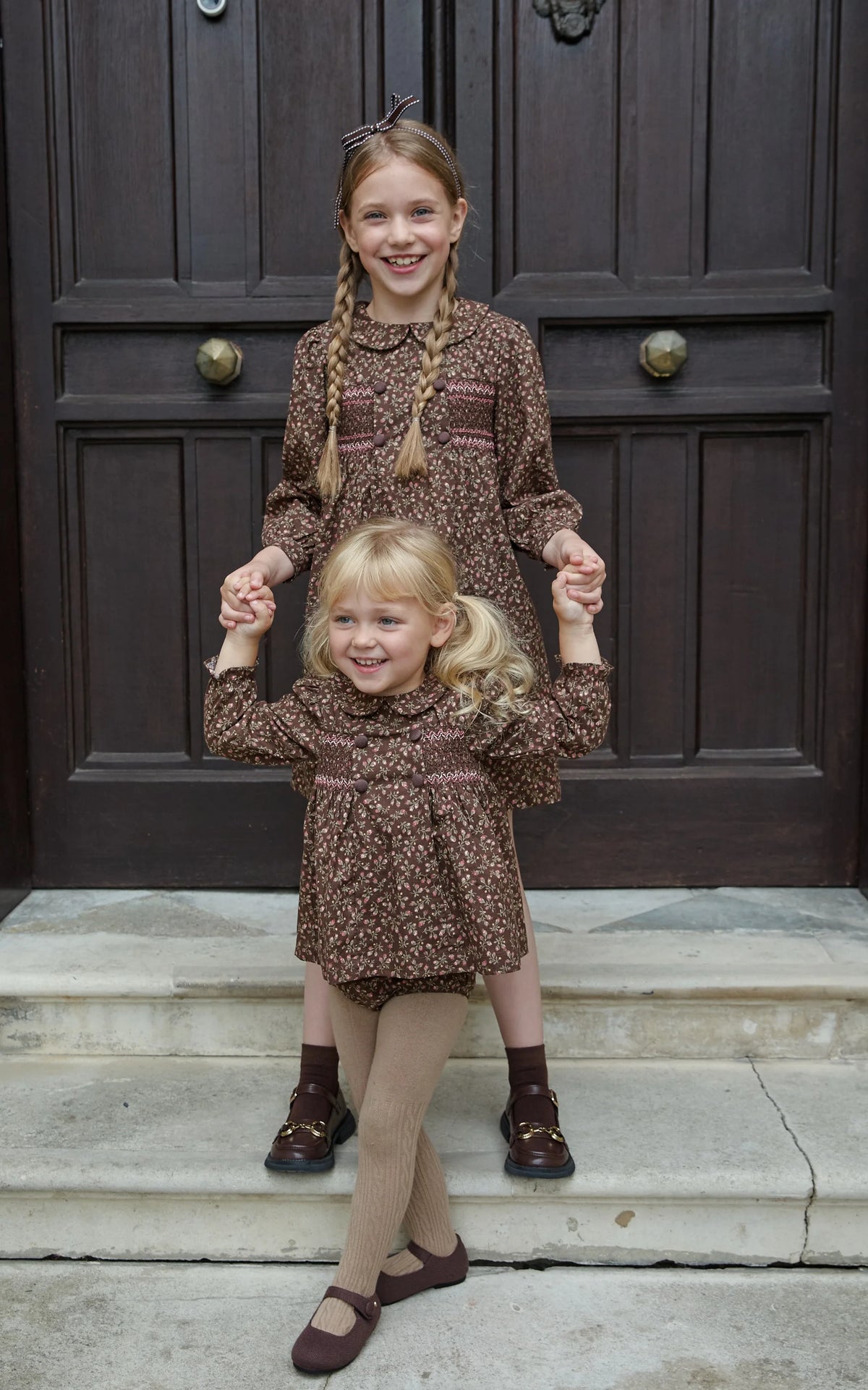 Girls' Brown Floral Smocked Dress – Cotton