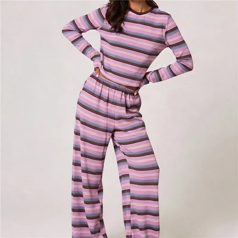 Ensemble pyjama 2 pièces pour femme, tenue d'intérieur, haut à rayures à col rond et manches longues avec pantalon ample, ensemble de nuit