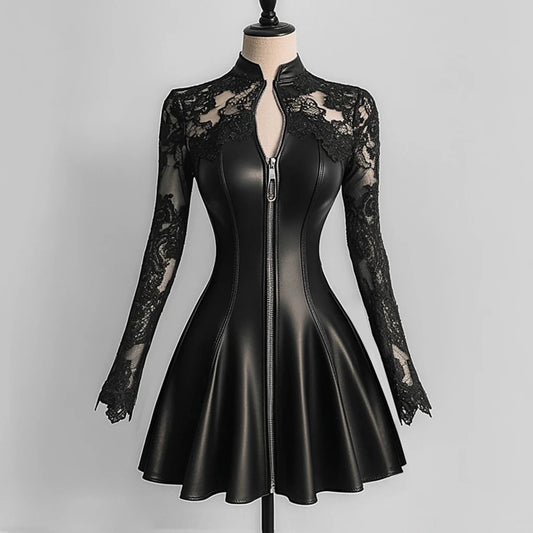 Women's PU Leather Lace Patchwork Dress – Long Sleeve, Zip