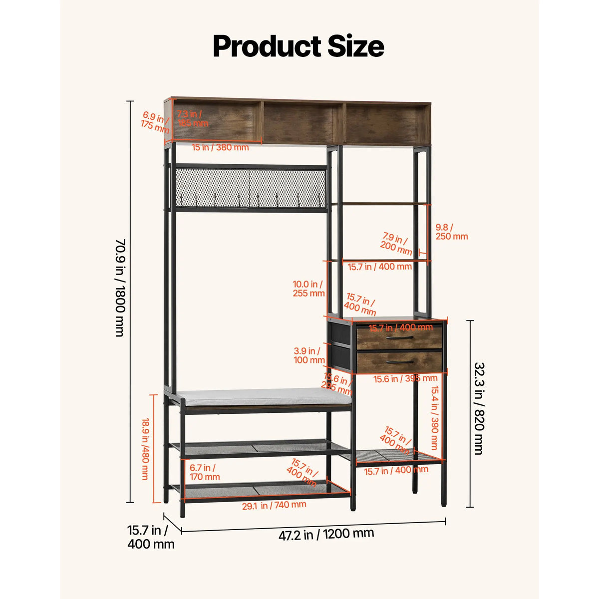 3-in-1 Hall Tree with Shoe Bench