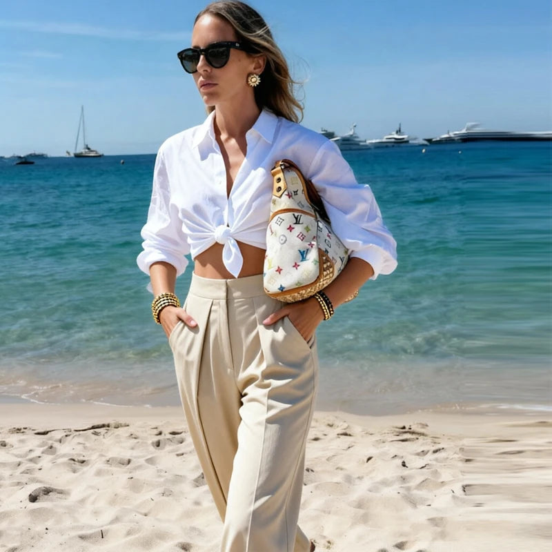 Women's High-Waist Pleated Wide-Leg Pants
