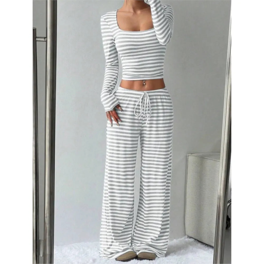 Ensemble deux pièces pour femme à rayures, pantalon large taille haute, haut à manches longues, mode moulante