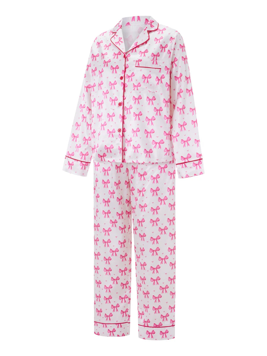Ensemble de pyjama Y2K à nœuds pour femmes, satin de soie rose, mignon pyjama long boutonné, ensemble haut et pantalon de détente, tenue pour la Saint-Valentin