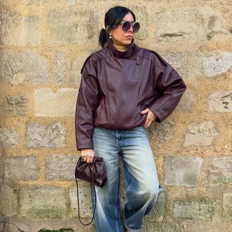 Women's Faux Leather Bomber Jacket – Zipper, Turn-Down Collar