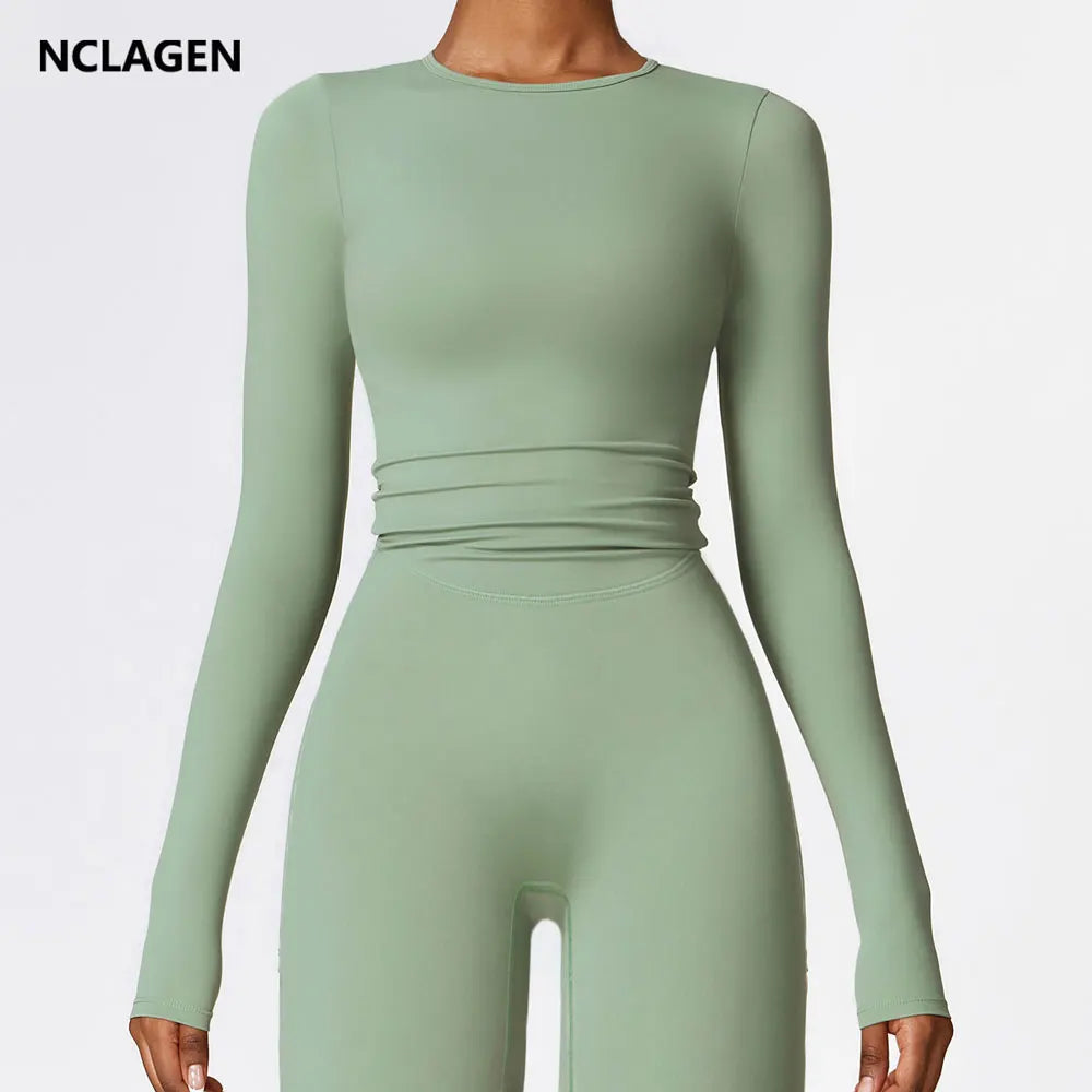 Haut de sport NCLAGEN pour femme, manches longues, idéal pour le fitness, la course et la salle de sport, vêtement d'entraînement respirant, à séchage rapide et hautement élastique.