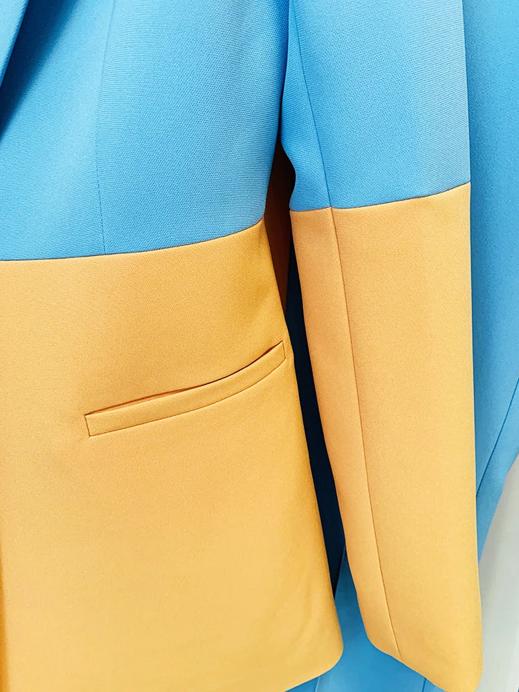 Women's Color Block Blazer and Flare Pant Suit Set