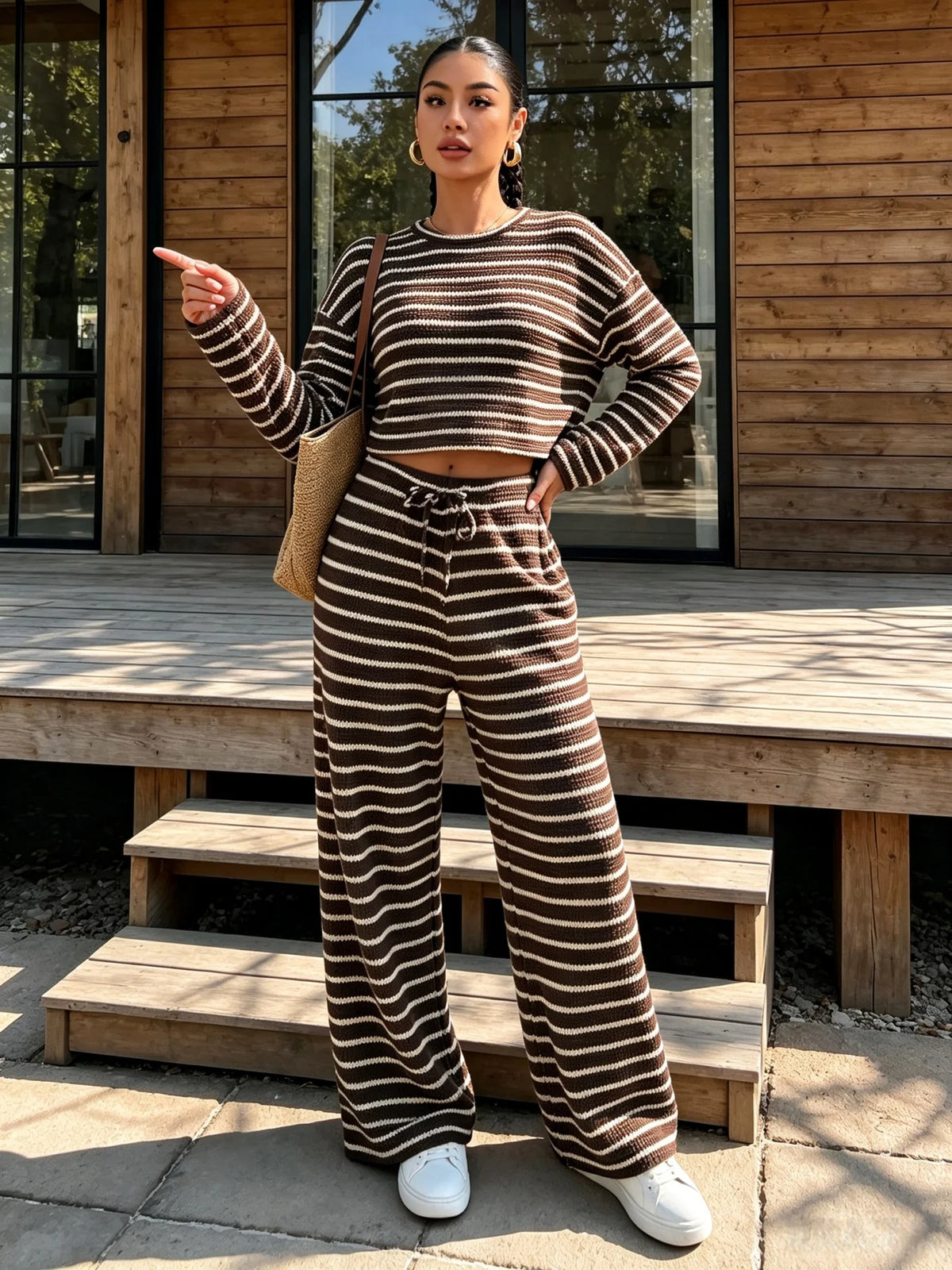 Damen Herbst Winter Braun Weiß Gestreiftes Strick-Oberteil & Weite Hose 2-teiliger Freizeit-Trainingsanzug Loungewear